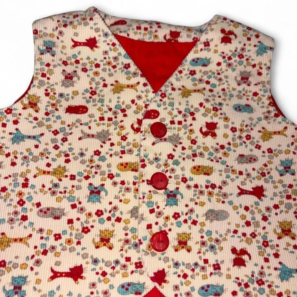Vintage 90s Corduroy Toddler Vest 2T 3T Kitten Cat Floral Red Quilted Back Kid